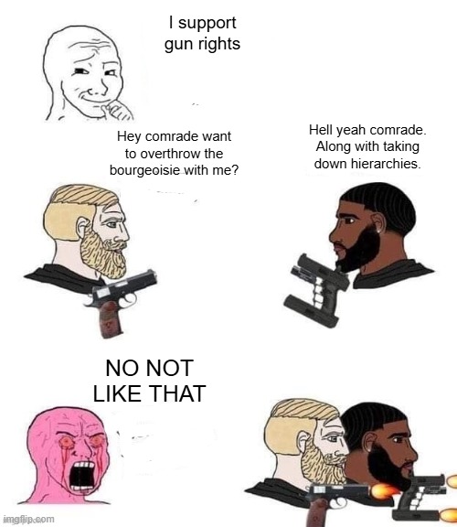 Fixed the meme | I support gun rights; Hey comrade want to overthrow the bourgeoisie with me? Hell yeah comrade. Along with taking down hierarchies. NO NOT LIKE THAT | image tagged in comrade,leftist,communism,anarchism | made w/ Imgflip meme maker