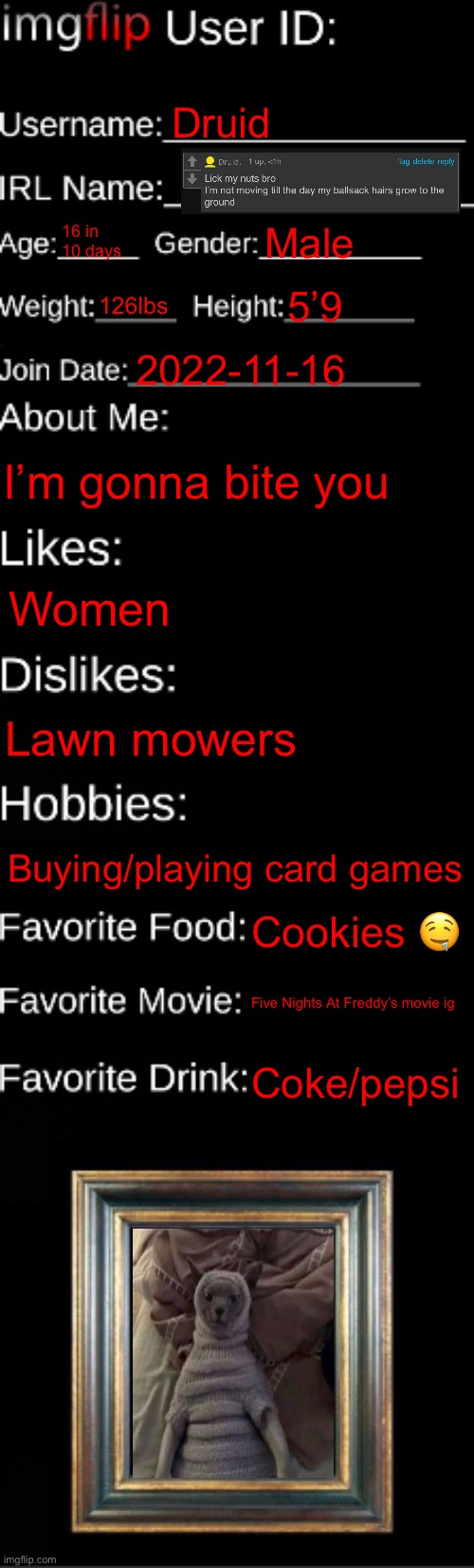 imgflip ID Card | Druid; 16 in 10 days; Male; 126lbs; 5’9; 2022-11-16; I’m gonna bite you; Women; Lawn mowers; Buying/playing card games; Cookies 🤤; Five Nights At Freddy’s movie ig; Coke/pepsi | image tagged in imgflip id card | made w/ Imgflip meme maker