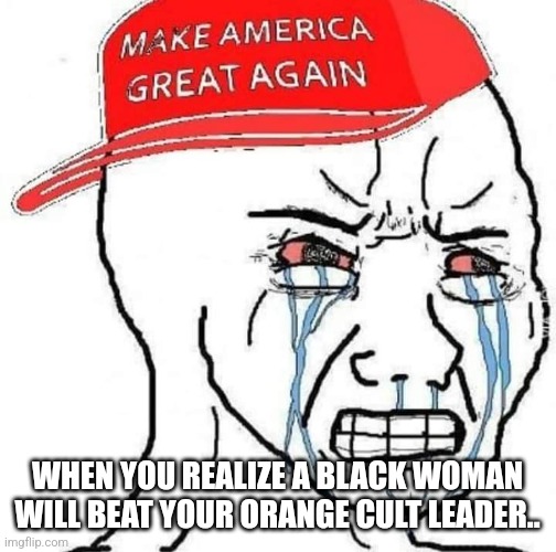 Is coming! | WHEN YOU REALIZE A BLACK WOMAN WILL BEAT YOUR ORANGE CULT LEADER.. | image tagged in conservative,republican,kamala harris,donald trump,nevertrump,trump | made w/ Imgflip meme maker