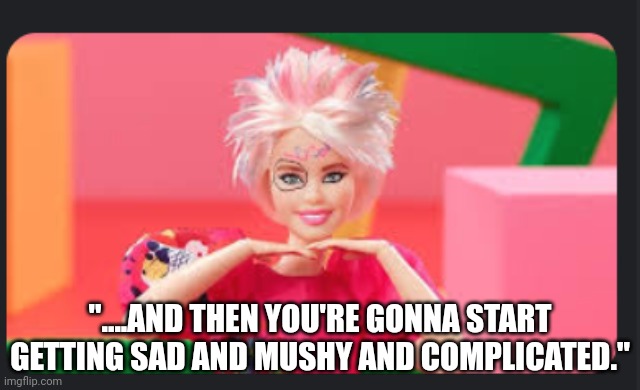 Weird Barbie | "....AND THEN YOU'RE GONNA START GETTING SAD AND MUSHY AND COMPLICATED." | image tagged in barbie | made w/ Imgflip meme maker