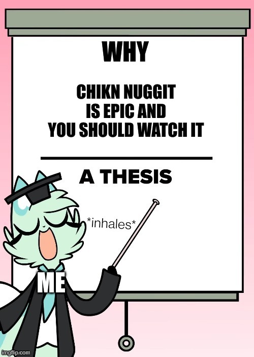 WHY CHIKN NUGGIT IS EPIC AND YOU SHOULD WATCH IT ME | image tagged in slushi's thesis | made w/ Imgflip meme maker