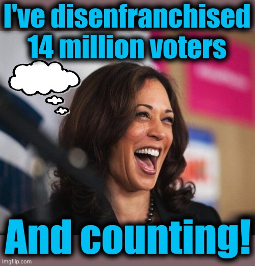 People who voted in the democrat primaries have been swindled | I've disenfranchised 14 million voters; And counting! | image tagged in cackling kamala harris,memes,saving democracy,democrats,disenfranchised voters,joe biden | made w/ Imgflip meme maker