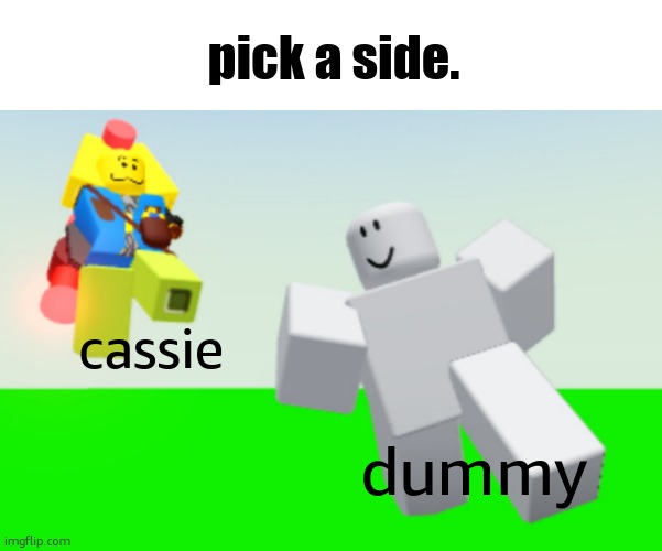 Prompt: You must pick a side quickly. Good (Cassie) or Bad (Dummy) | pick a side. cassie; dummy | image tagged in no joke ocs or rps,no erp | made w/ Imgflip meme maker