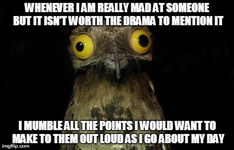 Weird Stuff I Do Potoo Meme | WHENEVER I AM REALLY MAD AT SOMEONE BUT IT ISN'T WORTH THE DRAMA TO MENTION IT I MUMBLE ALL THE POINTS I WOULD WANT TO MAKE TO THEM OUT LOUD | image tagged in memes,weird stuff i do potoo,AdviceAnimals | made w/ Imgflip meme maker