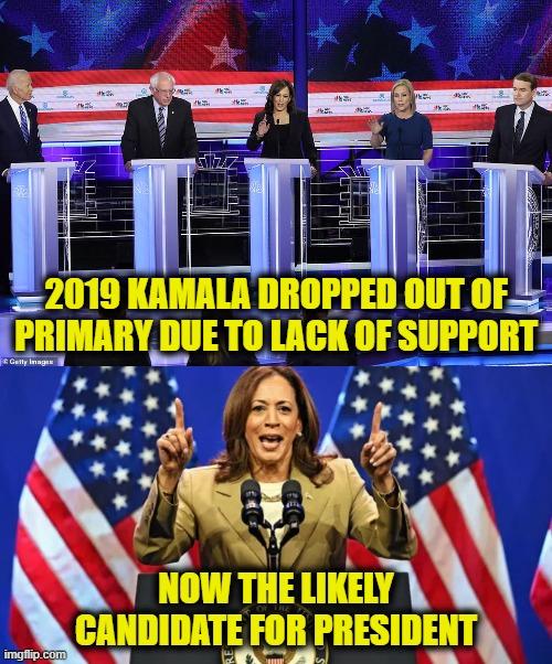 How did that happen? | 2019 KAMALA DROPPED OUT OF
PRIMARY DUE TO LACK OF SUPPORT; NOW THE LIKELY
CANDIDATE FOR PRESIDENT | image tagged in democratic party | made w/ Imgflip meme maker