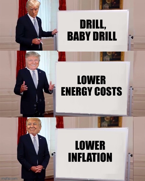 Template @ edwardrussl | DRILL, BABY DRILL; LOWER ENERGY COSTS; LOWER INFLATION | image tagged in trump,maga,inflation,memes,presidential race,donald trump | made w/ Imgflip meme maker