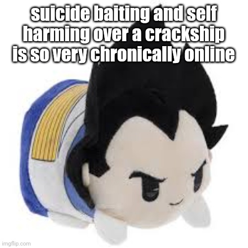 vegeta plush | suicide baiting and self harming over a crackship is so very chronically online | image tagged in vegeta plush | made w/ Imgflip meme maker