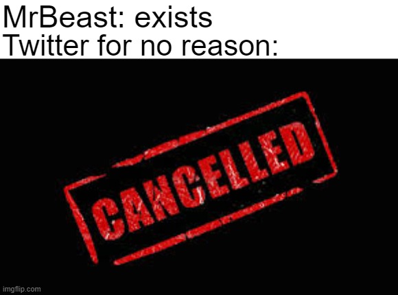 I heard that they are cancelling him for swearing in like 2016 | MrBeast: exists; Twitter for no reason: | image tagged in mememes | made w/ Imgflip meme maker