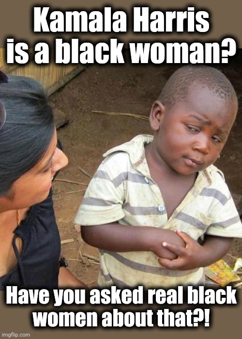 She's a fake | Kamala Harris is a black woman? Have you asked real black
women about that?! | image tagged in memes,third world skeptical kid,kamala harris,democrats,black woman,fake | made w/ Imgflip meme maker