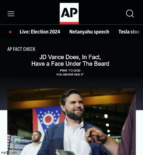 JD Vance AP fact check | PRAY TO GOD YOU NEVER SEE IT; JD Vance Does, In Fact, Have a Face Under The Beard | image tagged in jd vance ap fact check | made w/ Imgflip meme maker