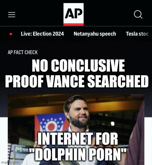 JD Vance AP fact check | NO CONCLUSIVE PROOF VANCE SEARCHED; INTERNET FOR
"DOLPHIN PORN" | image tagged in jd vance ap fact check | made w/ Imgflip meme maker