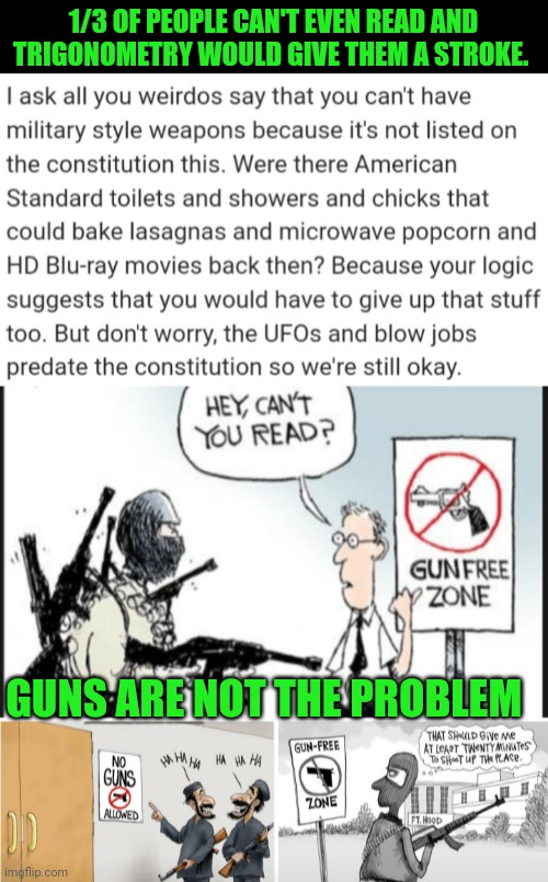 Funny | 1/3 OF PEOPLE CAN'T EVEN READ AND TRIGONOMETRY WOULD GIVE THEM A STROKE. GUNS ARE NOT THE PROBLEM | image tagged in funny,guns,gun control,literal meme,education,reading | made w/ Imgflip meme maker
