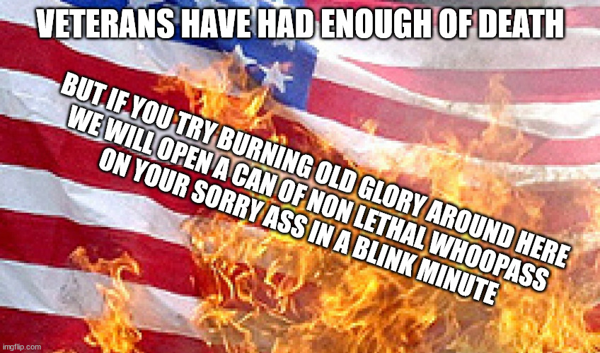 THE FLAG IS THE FLAG | VETERANS HAVE HAD ENOUGH OF DEATH; BUT IF YOU TRY BURNING OLD GLORY AROUND HERE
 WE WILL OPEN A CAN OF NON LETHAL WHOOPASS

 ON YOUR SORRY ASS IN A BLINK MINUTE | image tagged in burning flag,veterans,antifa,hamas | made w/ Imgflip meme maker