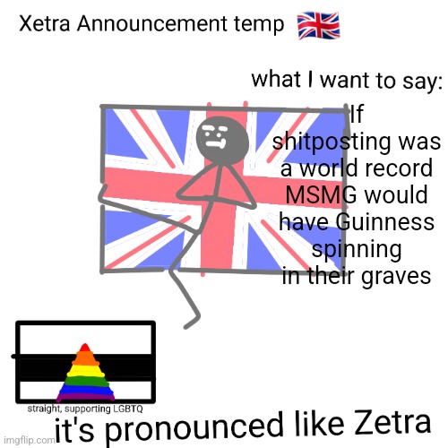 Xetra announcement temp | If shitposting was a world record MSMG would have Guinness spinning in their graves | image tagged in xetra announcement temp | made w/ Imgflip meme maker