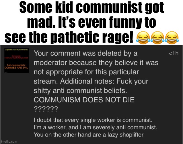 Communists make horrible moderators | Some kid communist got mad. It’s even funny to see the pathetic rage! 😂😂😂 | made w/ Imgflip meme maker