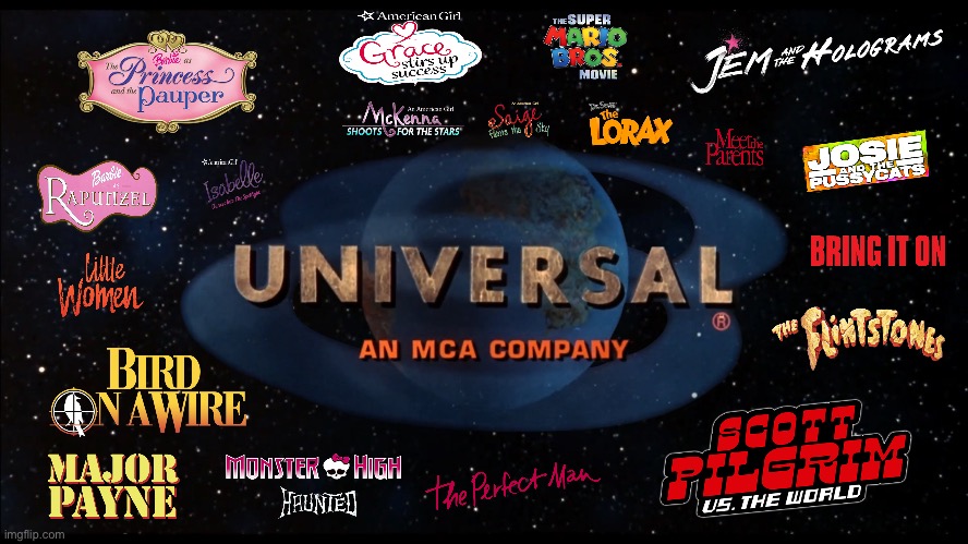 Universal Pictures Cinematic Universe | image tagged in universal studios,barbie,dr seuss,bring it on,scott pilgrim,super mario bros | made w/ Imgflip meme maker