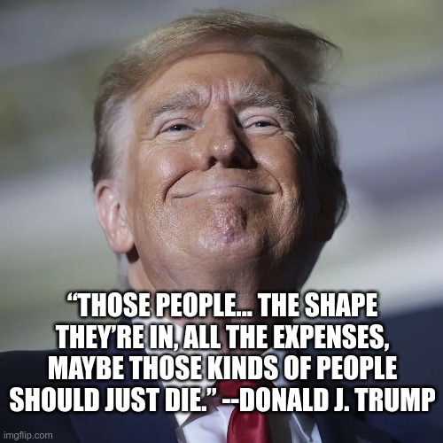 The Subhuman | “THOSE PEOPLE... THE SHAPE THEY’RE IN, ALL THE EXPENSES, MAYBE THOSE KINDS OF PEOPLE SHOULD JUST DIE.” --DONALD J. TRUMP | image tagged in trump,the disabled,disabilities,wheelchair,spina bifida,handicapped | made w/ Imgflip meme maker