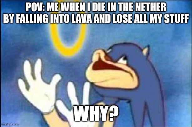 Sonic derp | POV: ME WHEN I DIE IN THE NETHER BY FALLING INTO LAVA AND LOSE ALL MY STUFF; WHY? | image tagged in sonic derp | made w/ Imgflip meme maker