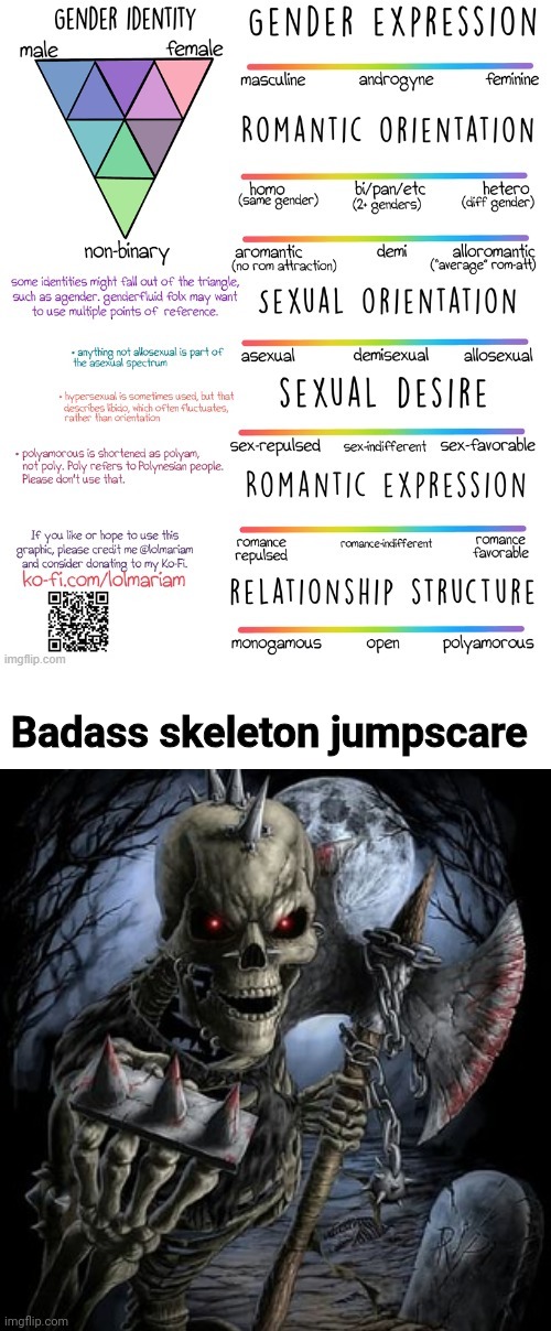 Badass skeleton jumpscare | image tagged in gender and sexuality spectrum,badass skeleton,memes,shitpost,msmg,no offense | made w/ Imgflip meme maker