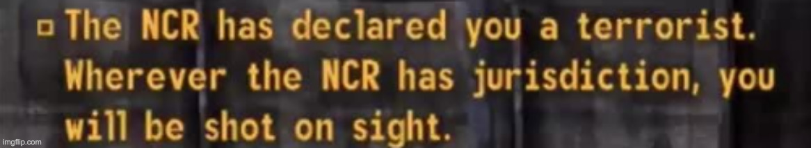 The NCR has declared you a terrorist. | image tagged in the ncr has declared you a terrorist | made w/ Imgflip meme maker