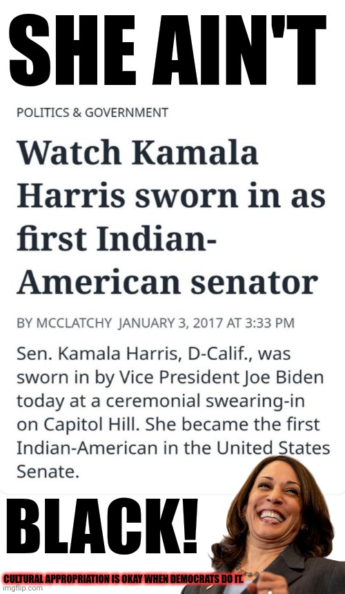 Cultural appropriation. Kamala ganking on the blacks! | SHE AIN'T; BLACK! CULTURAL APPROPRIATION IS OKAY WHEN DEMOCRATS DO IT. | image tagged in kamala harris,fraud | made w/ Imgflip meme maker