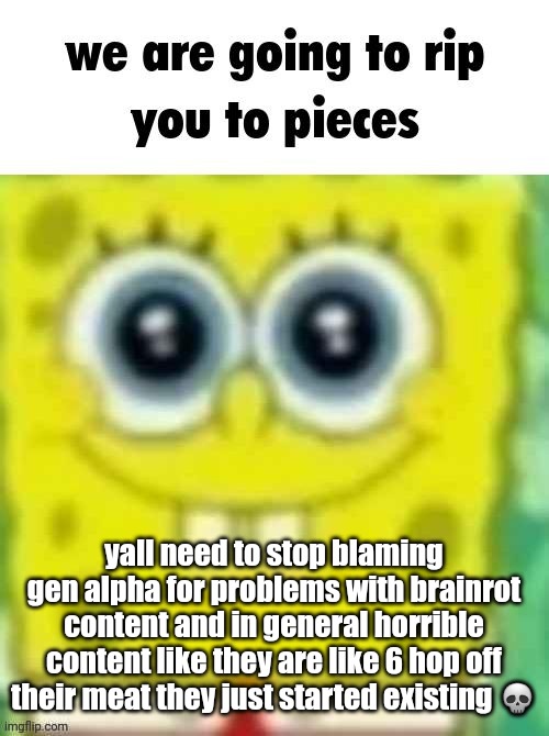 spangledob | yall need to stop blaming gen alpha for problems with brainrot content and in general horrible content like they are like 6 hop off their meat they just started existing 💀 | image tagged in spangledob | made w/ Imgflip meme maker