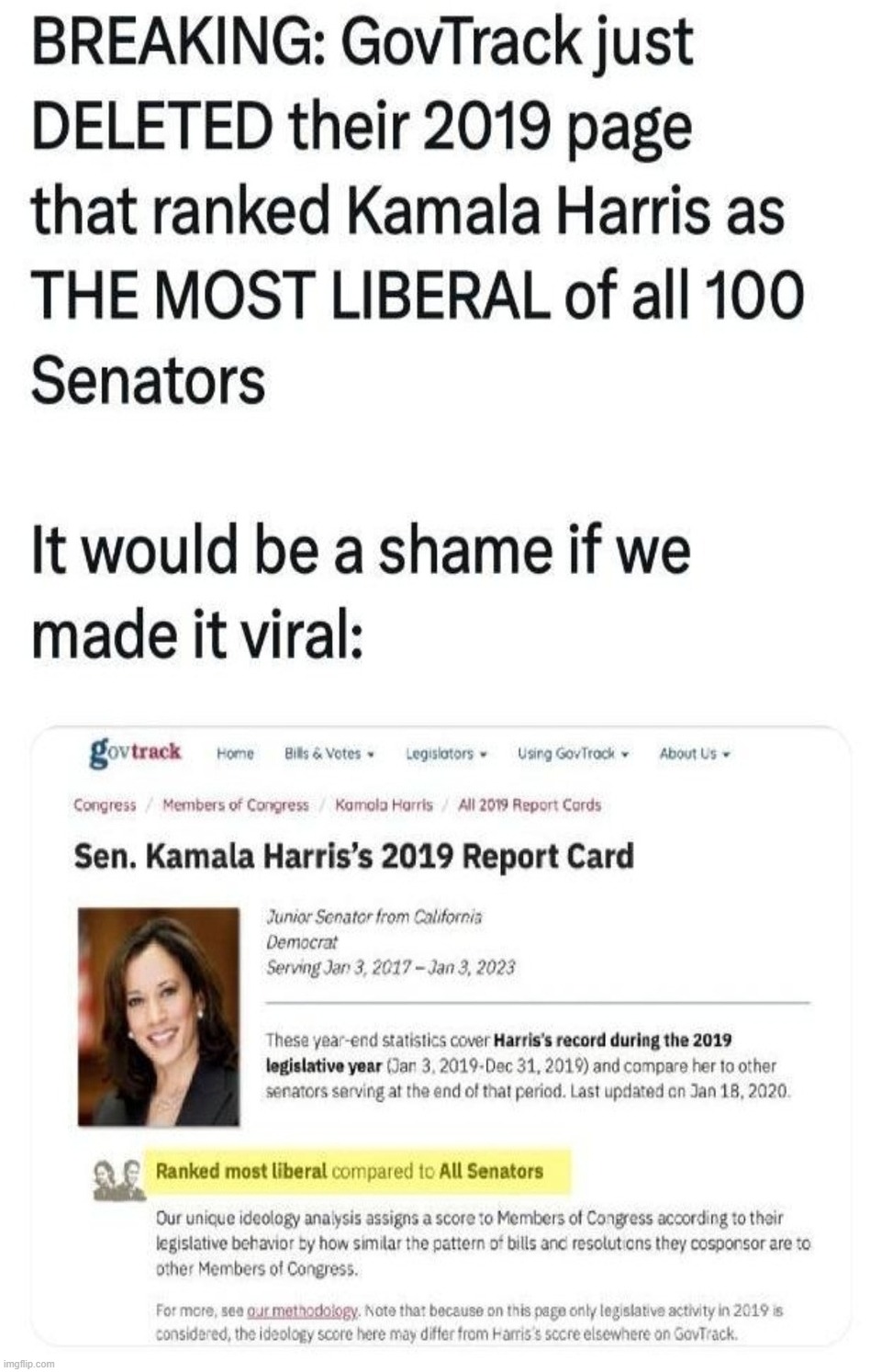 It would be a shame if this went viral. You know what to do. | image tagged in kamala harris,report card,cancel culture,cancel kamala,most liberal senator,sounds like communist propaganda | made w/ Imgflip meme maker