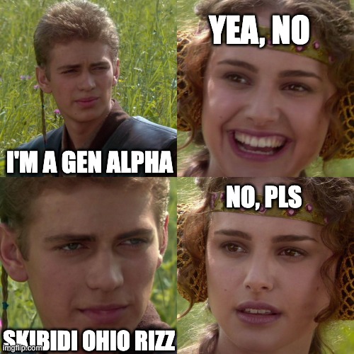 Those Gen Alphas... | YEA, NO; I'M A GEN ALPHA; NO, PLS; SKIBIDI OHIO RIZZ | image tagged in anakin padme 4 panel | made w/ Imgflip meme maker