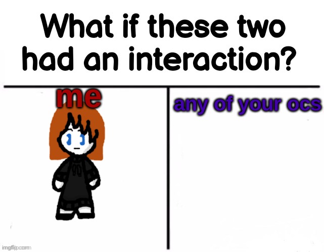 What if these two had an interaction? | me; any of your ocs | image tagged in what if these two had an interaction | made w/ Imgflip meme maker