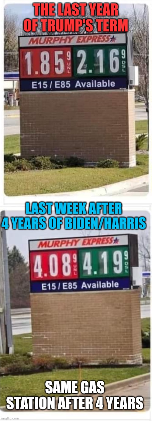 DON'T VOTE DEMOCRAT | THE LAST YEAR OF TRUMP'S TERM; LAST WEEK AFTER 4 YEARS OF BIDEN/HARRIS; SAME GAS STATION AFTER 4 YEARS | image tagged in president trump,joe biden,democrats,politics | made w/ Imgflip meme maker