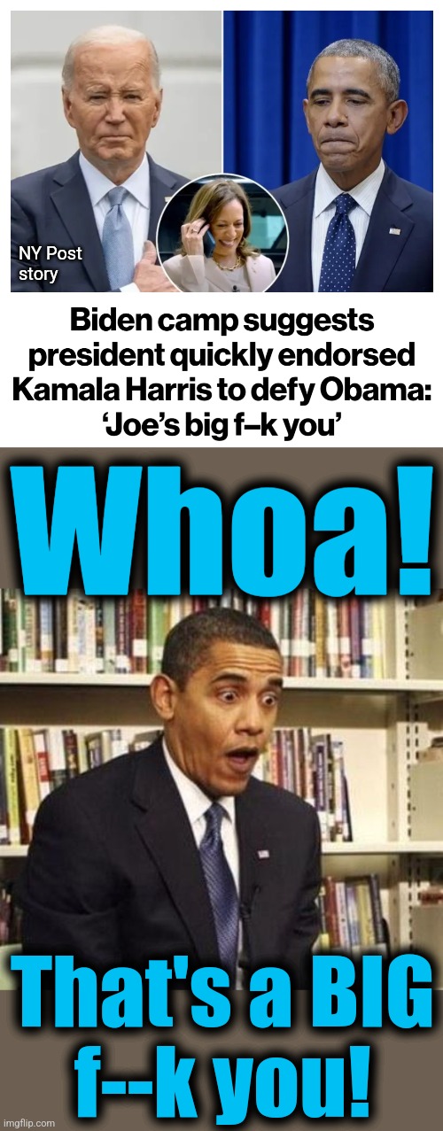 The senile creep endorsing the idiot probably gave away the election | NY Post
story; Whoa! That's a BIG
f--k you! | image tagged in obama surprised,memes,kamala harris,endorsement,joe biden,election 2024 | made w/ Imgflip meme maker