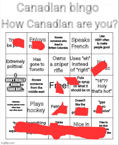 Canadian Bingo | I DON'T REALLY KNOW TAKO BUT... | image tagged in canadian bingo | made w/ Imgflip meme maker