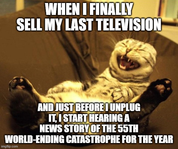 Goodbye television. Can't say anything good came from ya | WHEN I FINALLY SELL MY LAST TELEVISION; AND JUST BEFORE I UNPLUG IT, I START HEARING A NEWS STORY OF THE 55TH WORLD-ENDING CATASTROPHE FOR THE YEAR | image tagged in laughing cat | made w/ Imgflip meme maker