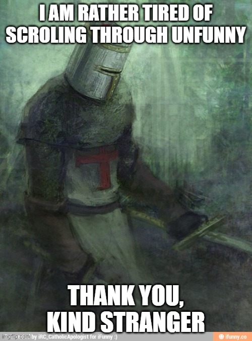 Sad Crusader | I AM RATHER TIRED OF SCROLING THROUGH UNFUNNY THANK YOU, KIND STRANGER | image tagged in sad crusader | made w/ Imgflip meme maker