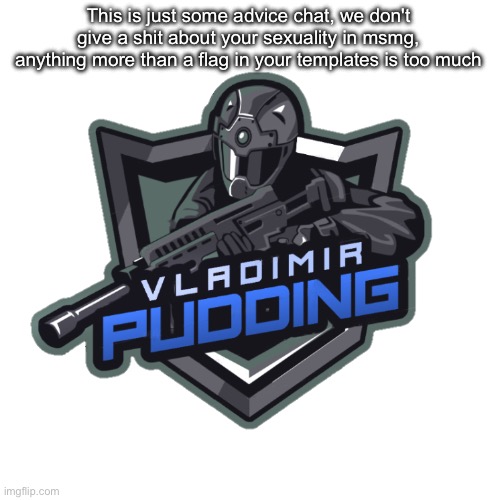 Vladimir Pudding | This is just some advice chat, we don't give a shit about your sexuality in msmg, anything more than a flag in your templates is too much | image tagged in vladimir pudding | made w/ Imgflip meme maker