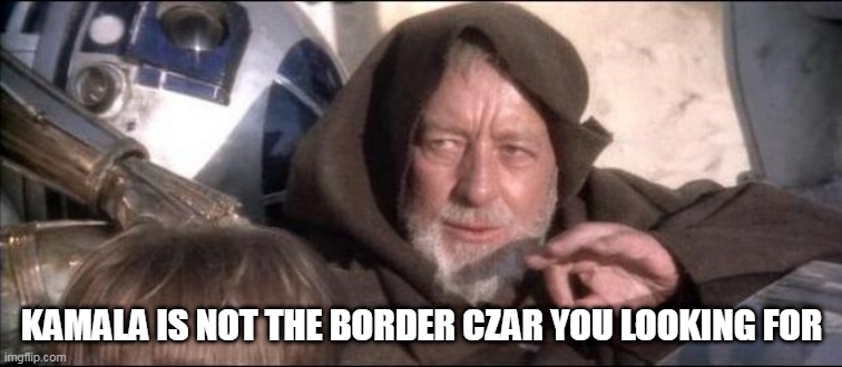 Star Wars Obi Wan Kenobi These aren't the droids you're looking  | KAMALA IS NOT THE BORDER CZAR YOU LOOKING FOR | image tagged in star wars obi wan kenobi these aren't the droids you're looking | made w/ Imgflip meme maker