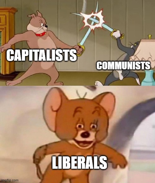 Tom and Jerry swordfight | CAPITALISTS; COMMUNISTS; LIBERALS | image tagged in tom and jerry swordfight | made w/ Imgflip meme maker