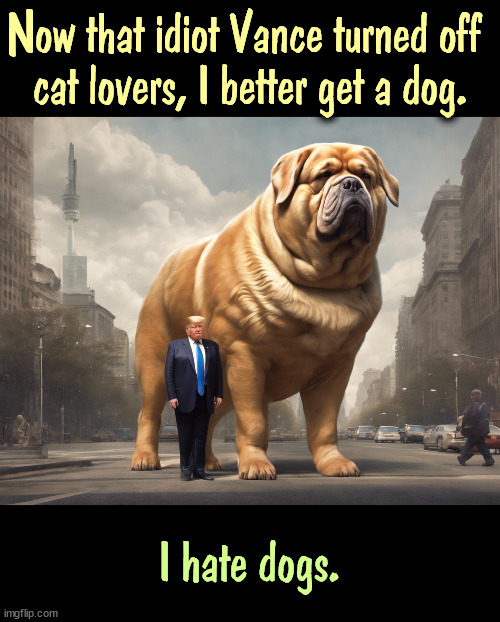 That's OK, but who's going to clean up around here? | Now that idiot Vance turned off 
cat lovers, I better get a dog. I hate dogs. | image tagged in j d vance,cats,trump,dogs,hate | made w/ Imgflip meme maker