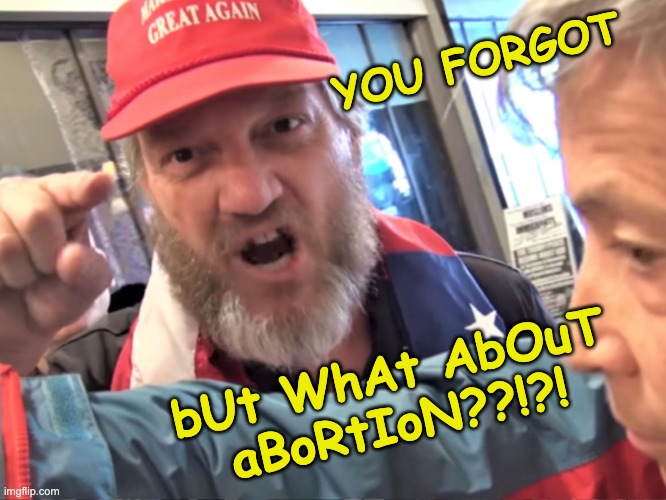 Angry Trump Supporter | YOU FORGOT bUt WhAt AbOuT aBoRtIoN??!?! | image tagged in angry trump supporter | made w/ Imgflip meme maker