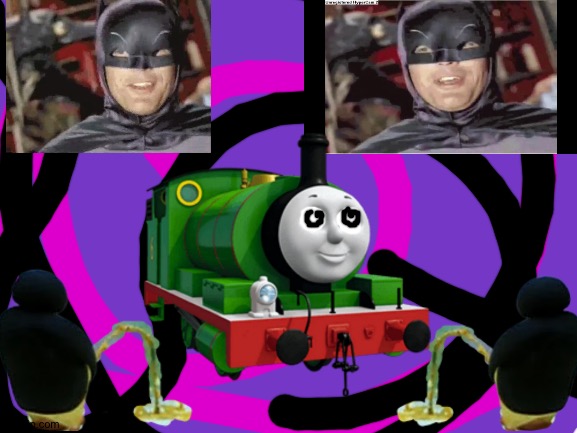 Percy's weird dream | image tagged in thomas the tank engine,pingu,batman,crossover,blank white template | made w/ Imgflip meme maker