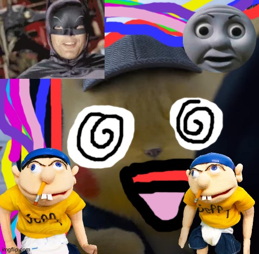 Detective Pikachu's trippy dream | image tagged in unsettled detective pikachu,jeffy,batman,thomas o face,crossover | made w/ Imgflip meme maker