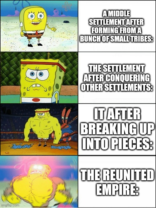 The history of the Anunian Empire... | A MIDDLE SETTLEMENT AFTER FORMING FROM A BUNCH OF SMALL TRIBES:; THE SETTLEMENT AFTER CONQUERING OTHER SETTLEMENTS:; IT AFTER BREAKING UP INTO PIECES:; THE REUNITED EMPIRE: | image tagged in fictional history,fiction | made w/ Imgflip meme maker