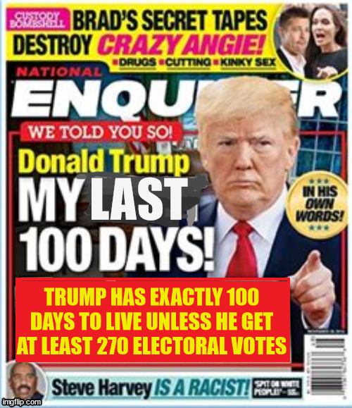 Trump's Last 100 Days | TRUMP HAS EXACTLY 100 DAYS TO LIVE UNLESS HE GET AT LEAST 270 ELECTORAL VOTES | image tagged in trump's last 100,i need 270 electoral votes or else,dead as a donald duck,maga manipulation,rubes ruse,its rigged | made w/ Imgflip meme maker