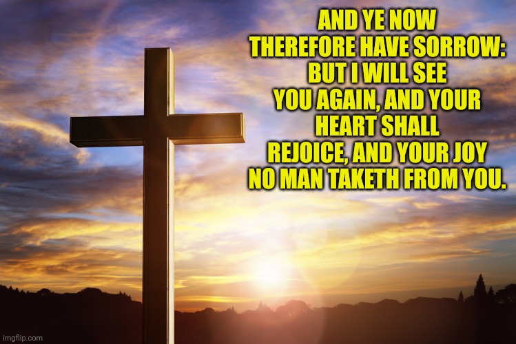 Bible Verse of the Day | AND YE NOW THEREFORE HAVE SORROW: BUT I WILL SEE YOU AGAIN, AND YOUR HEART SHALL REJOICE, AND YOUR JOY NO MAN TAKETH FROM YOU. | image tagged in bible verse of the day | made w/ Imgflip meme maker