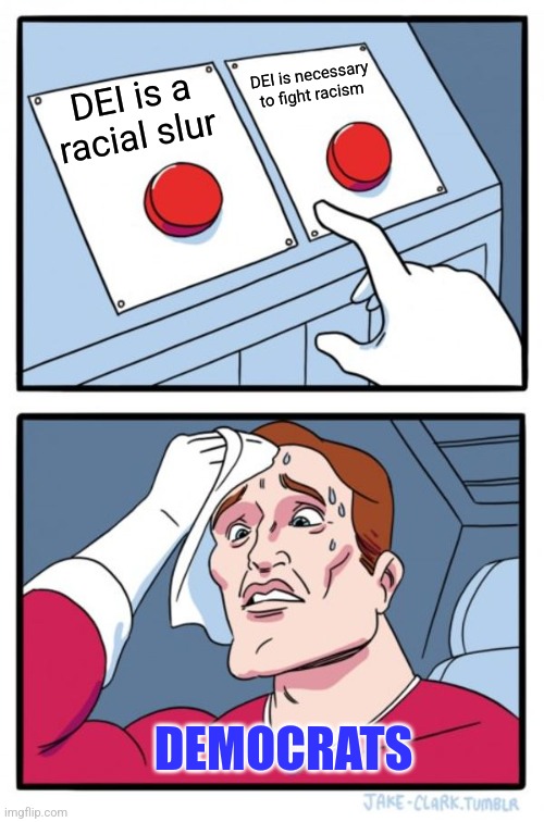 Which one is it? | DEI is necessary to fight racism; DEI is a racial slur; DEMOCRATS | image tagged in memes,two buttons,democrats | made w/ Imgflip meme maker