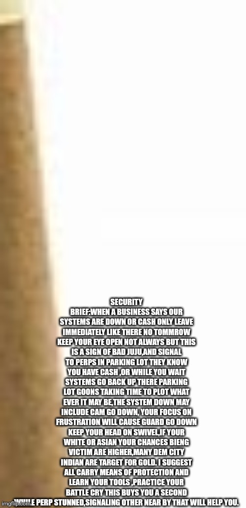 Security brief 2024: parking lot and public places | SECURITY BRIEF:WHEN A BUSINESS SAYS OUR SYSTEMS ARE DOWN OR CASH ONLY LEAVE IMMEDIATELY LIKE THERE NO TOMMROW KEEP YOUR EYE OPEN NOT ALWAYS BUT THIS IS A SIGN OF BAD JUJU,AND SIGNAL TO PERPS IN PARKING LOT THEY KNOW YOU HAVE CASH ,OR WHILE YOU WAIT SYSTEMS GO BACK UP THERE PARKING LOT GOONS TAKING TIME TO PLOT WHAT EVER IT MAY BE,THE SYSTEM DOWN MAY INCLUDE CAM GO DOWN, YOUR FOCUS ON FRUSTRATION WILL CAUSE GUARD GO DOWN KEEP YOUR HEAD ON SWIVEL,IF YOUR WHITE OR ASIAN YOUR CHANCES BIENG VICTIM ARE HIGHER,MANY DEM CITY INDIAN ARE TARGET FOR GOLD. I SUGGEST ALL CARRY MEANS OF PROTECTION AND LEARN YOUR TOOLS ,PRACTICE YOUR BATTLE CRY THIS BUYS YOU A SECOND WHILE PERP STUNNED,SIGNALING OTHER NEAR BY THAT WILL HELP YOU. | image tagged in 2a,you know i'm something of a scientist myself,wants to know your location,securityguardmindset,24hourprotection | made w/ Imgflip meme maker