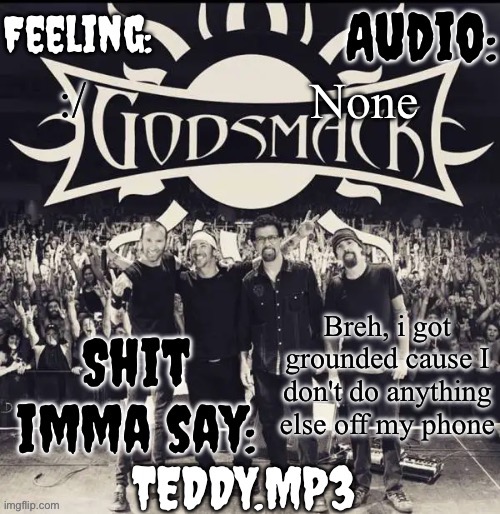 Also gm chat | None; :/; Breh, i got grounded cause I don't do anything else off my phone | image tagged in teddy's godsmack template | made w/ Imgflip meme maker