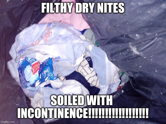 Filthy Nappies | FILTHY DRY NITES; SOILED WITH 
INCONTINENCE!!!!!!!!!!!!!!!!!! | image tagged in comedy,adult humor | made w/ Imgflip meme maker