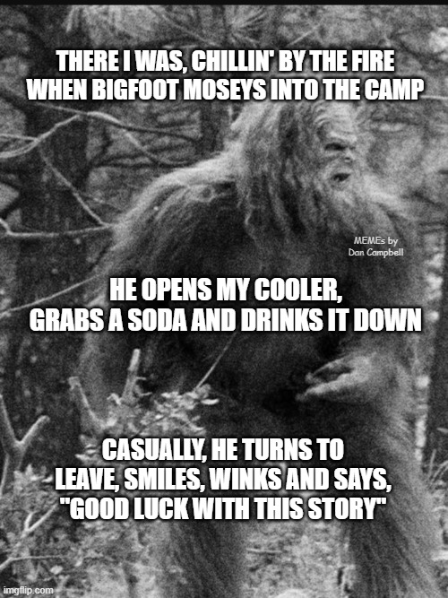 Big foot | THERE I WAS, CHILLIN' BY THE FIRE
WHEN BIGFOOT MOSEYS INTO THE CAMP; MEMEs by Dan Campbell; HE OPENS MY COOLER, GRABS A SODA AND DRINKS IT DOWN; CASUALLY, HE TURNS TO LEAVE, SMILES, WINKS AND SAYS,
"GOOD LUCK WITH THIS STORY" | image tagged in big foot | made w/ Imgflip meme maker