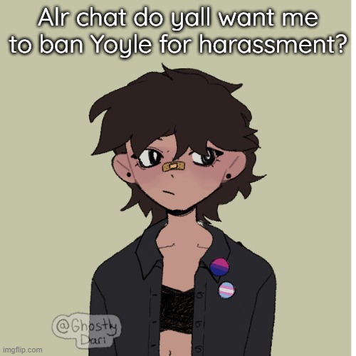 Neko picrew | Alr chat do yall want me to ban Yoyle for harassment? | image tagged in neko picrew | made w/ Imgflip meme maker